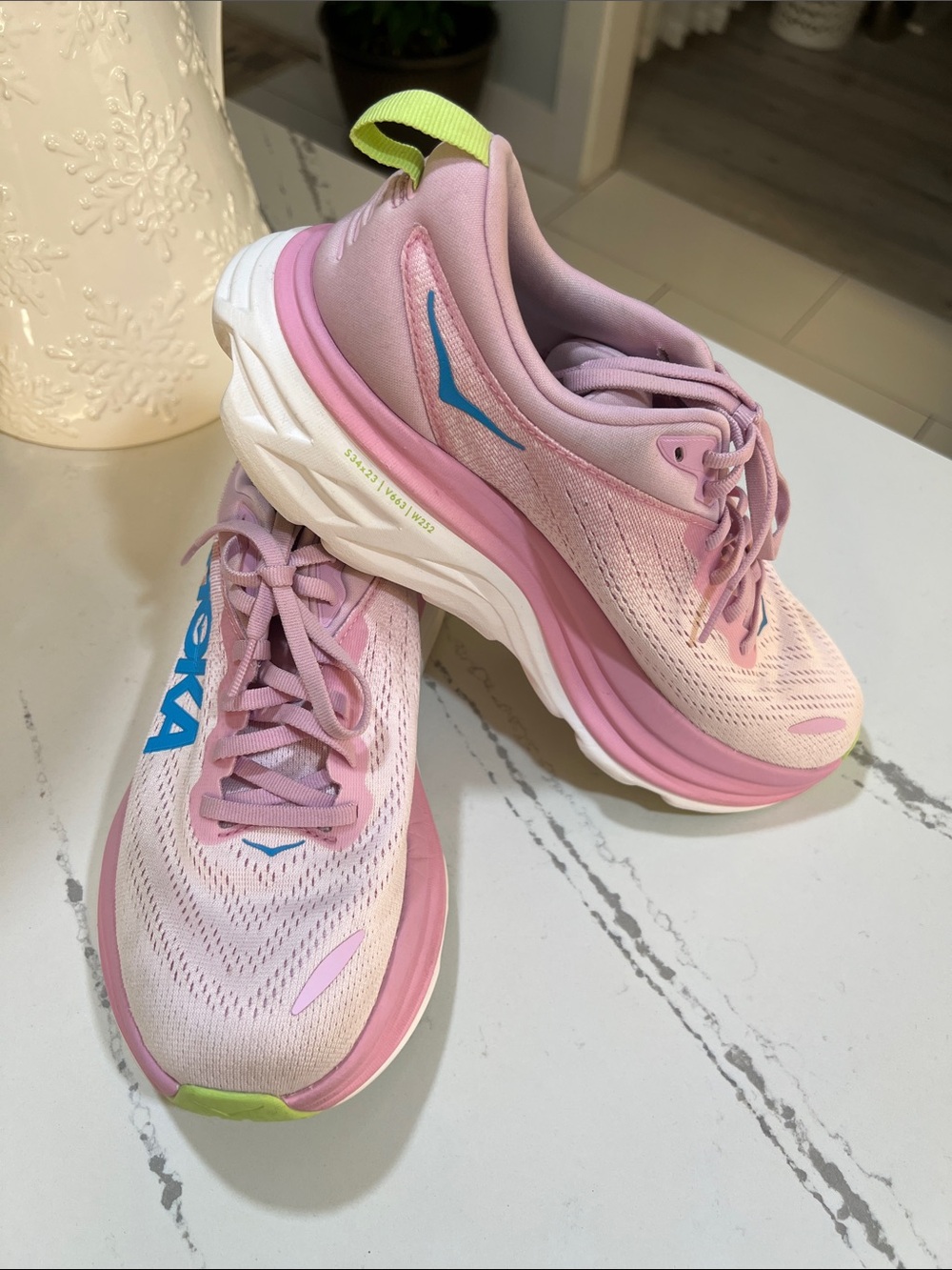 Hoka Bondi 8 Women's Pink and Neon Lime Running Shoes with Blue Logo size 8.5 - Picture 13 of 15